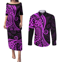 Polynesia Paisley Couples Matching Puletasi Dress and Long Sleeve Button Shirt Polynesian With Tropical Flowers - Purple LT14 Purple - Polynesian Pride