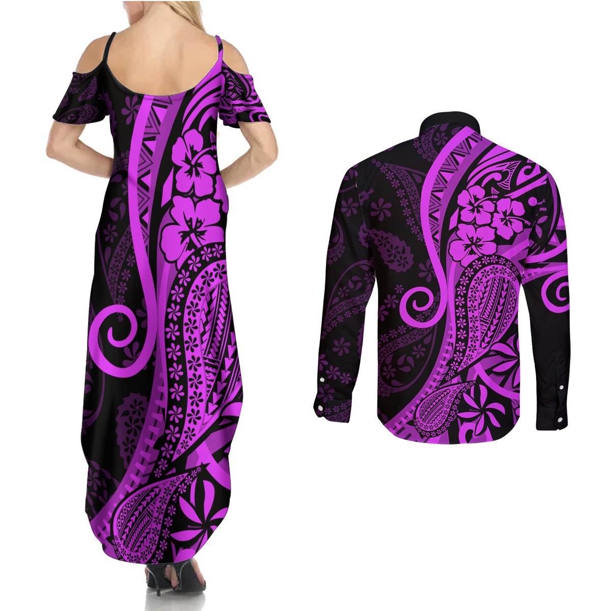Polynesia Paisley Couples Matching Summer Maxi Dress and Long Sleeve Button Shirt Polynesian With Tropical Flowers - Purple LT14 - Polynesian Pride