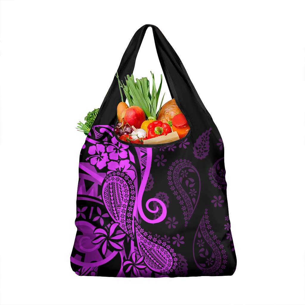 Polynesia Paisley Grocery Bag Polynesian With Tropical Flowers - Purple