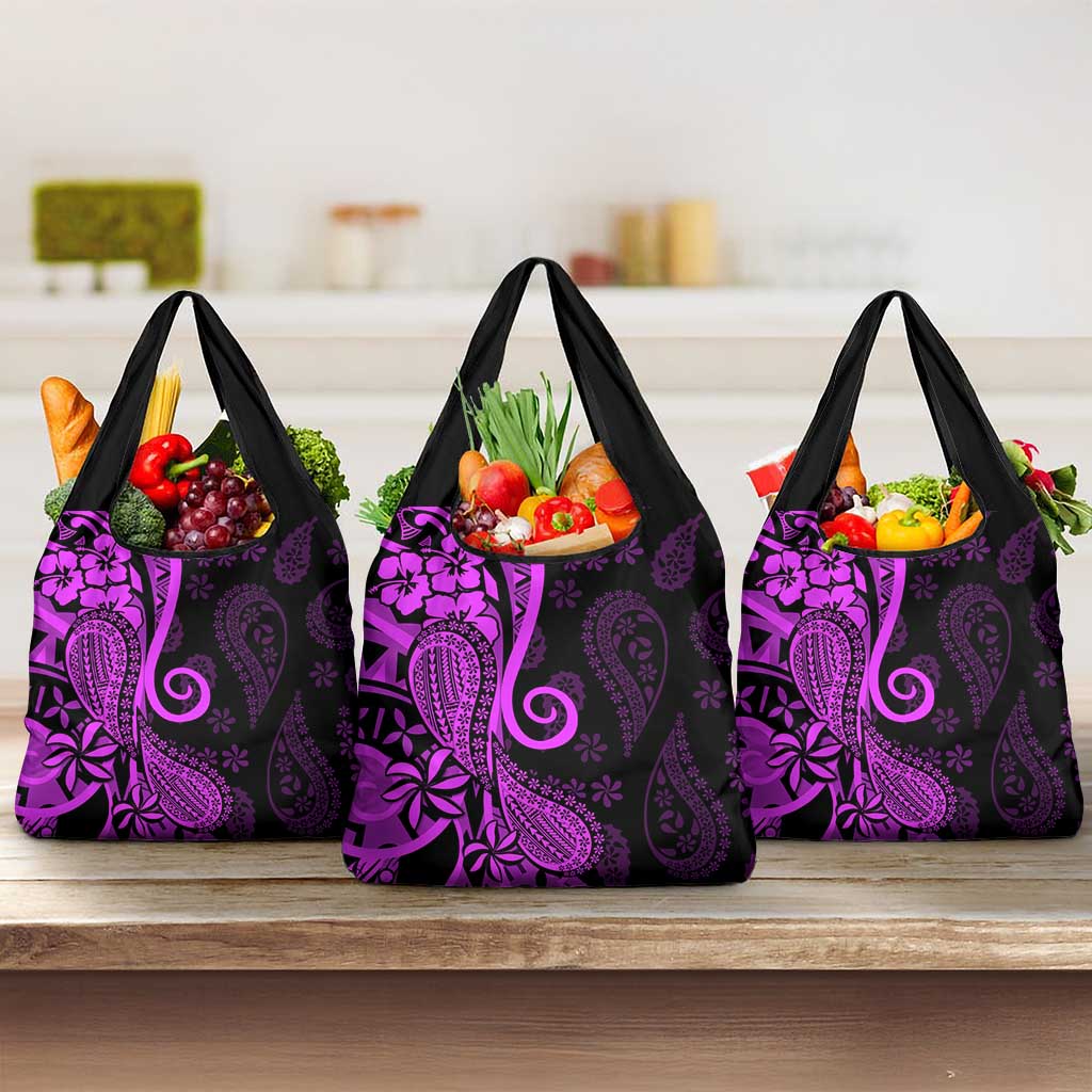 Polynesia Paisley Grocery Bag Polynesian With Tropical Flowers - Purple