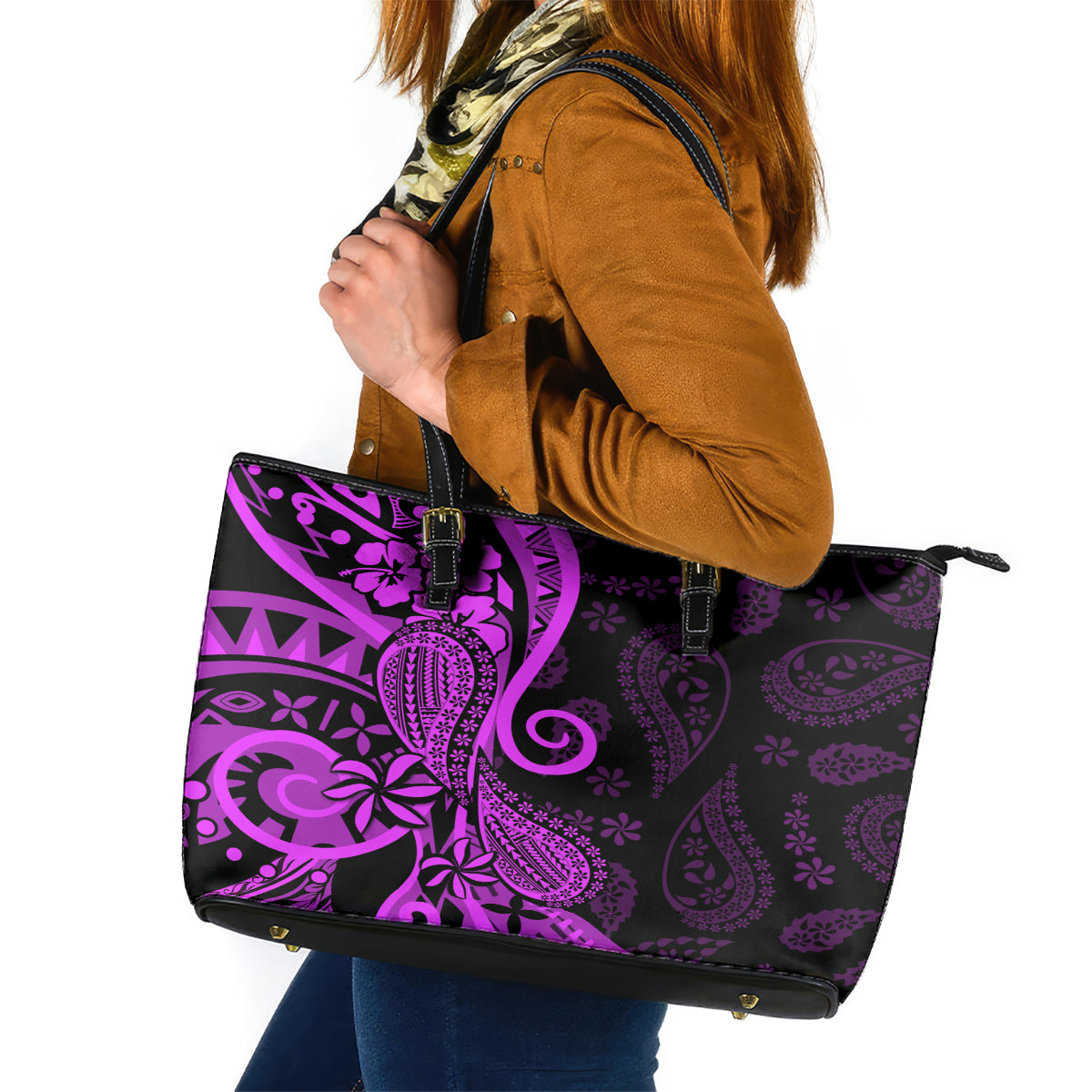 Polynesia Paisley Leather Tote Bag Polynesian With Tropical Flowers - Purple LT14 Purple - Polynesian Pride