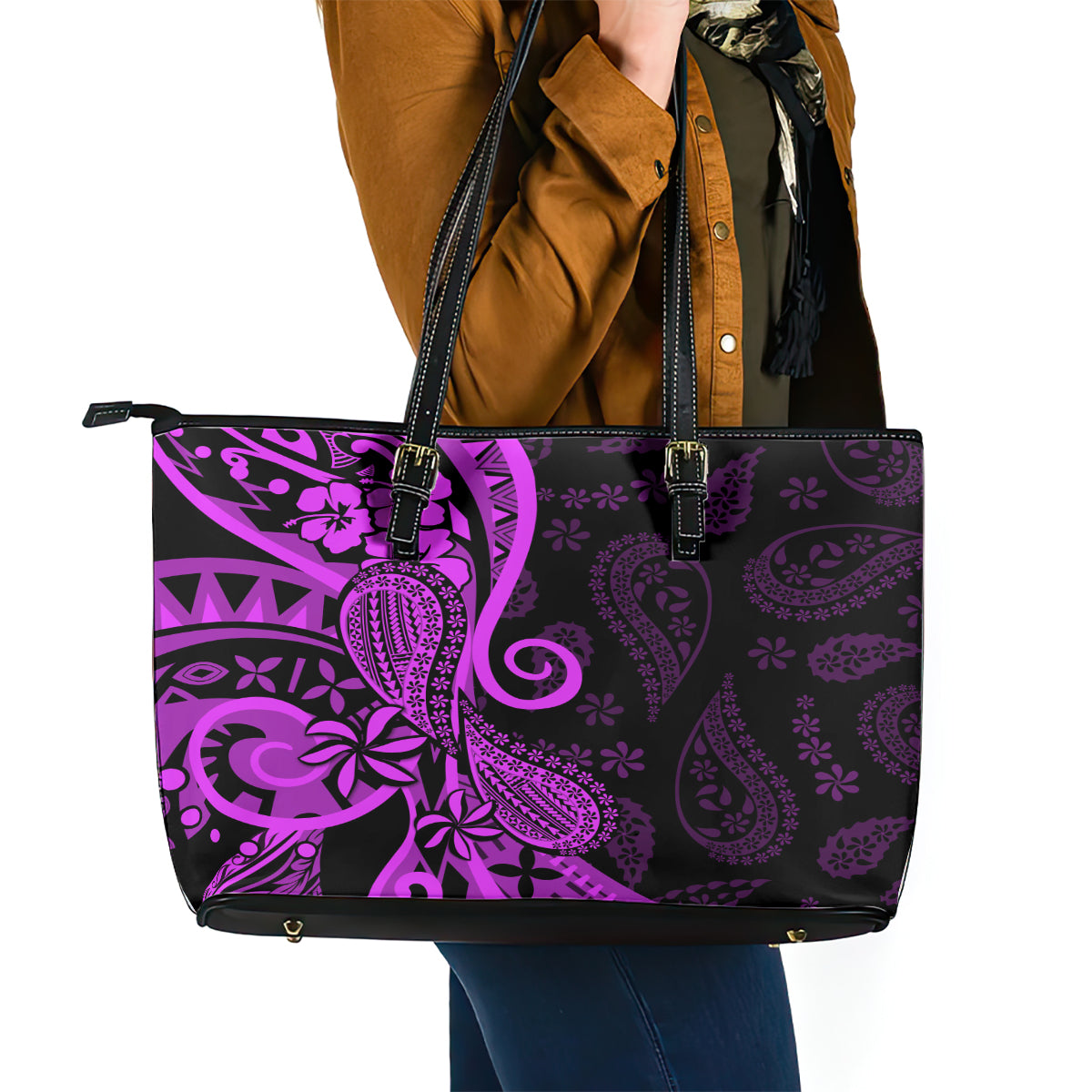 Polynesia Paisley Leather Tote Bag Polynesian With Tropical Flowers - Purple LT14 - Polynesian Pride