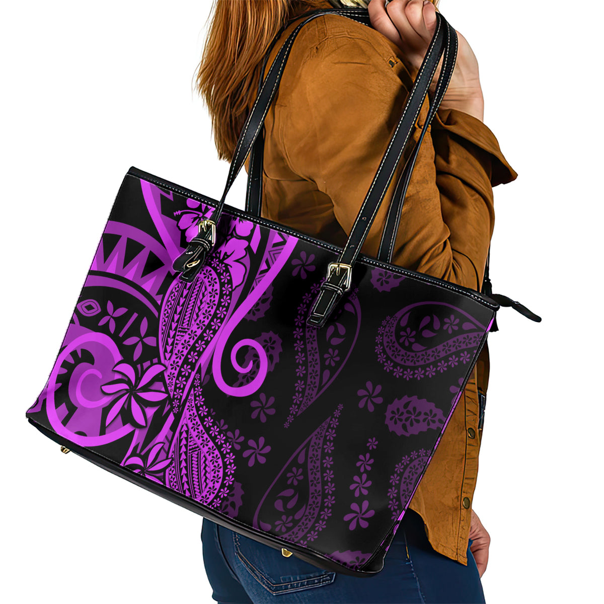 Polynesia Paisley Leather Tote Bag Polynesian With Tropical Flowers - Purple LT14 - Polynesian Pride