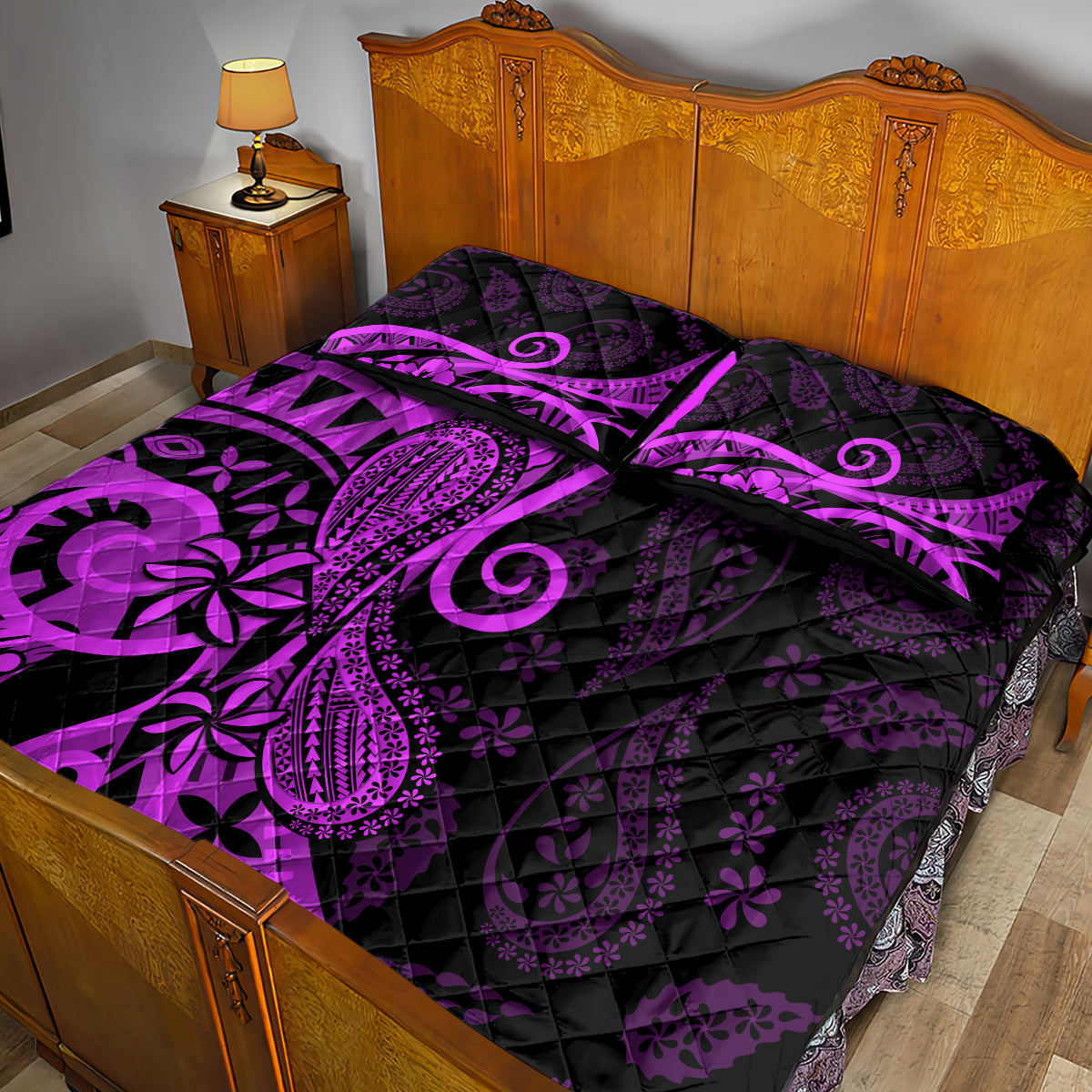 Polynesia Paisley Quilt Bed Set Polynesian With Tropical Flowers - Purple LT14 - Polynesian Pride