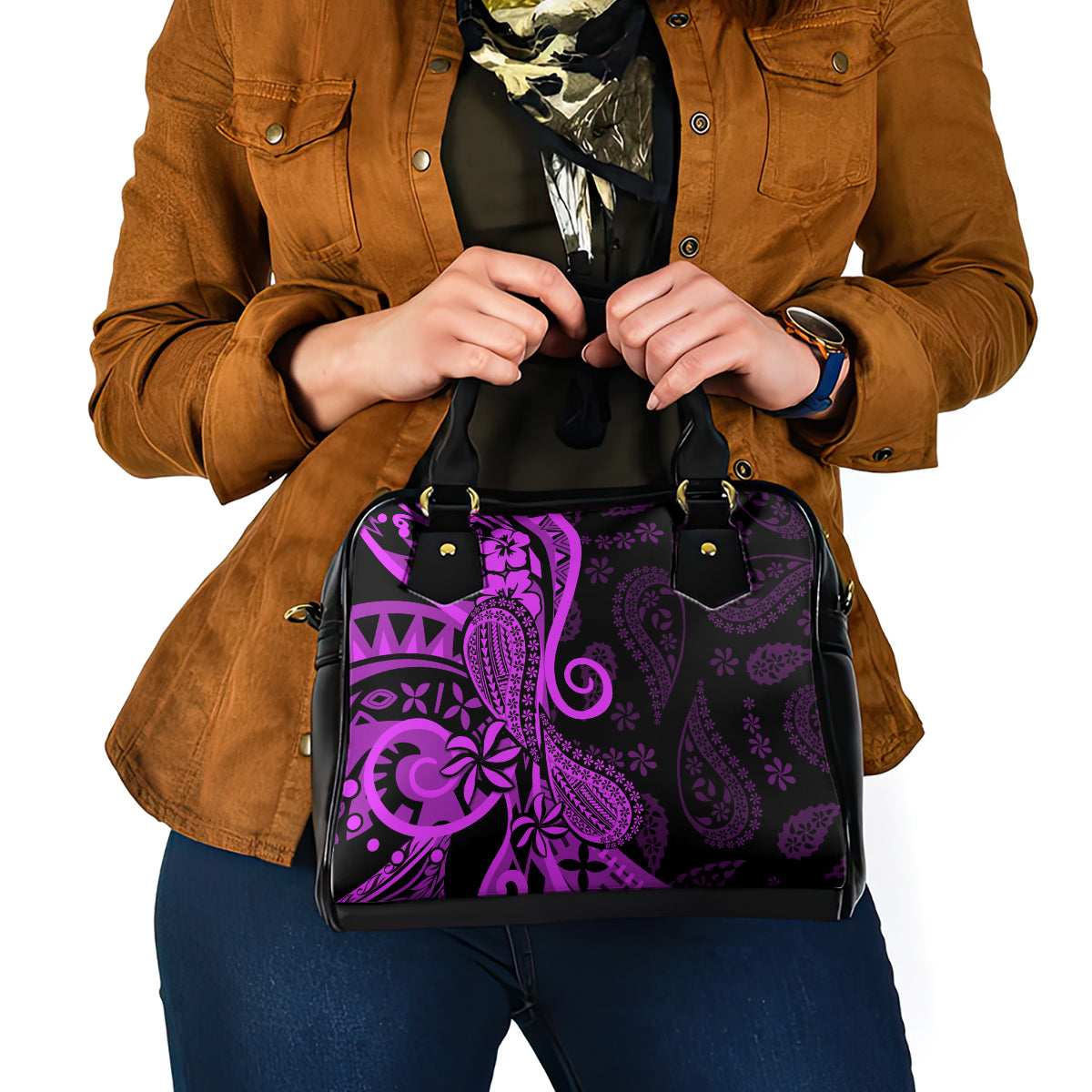 Polynesia Paisley Shoulder Handbag Polynesian With Tropical Flowers - Purple LT14 - Polynesian Pride