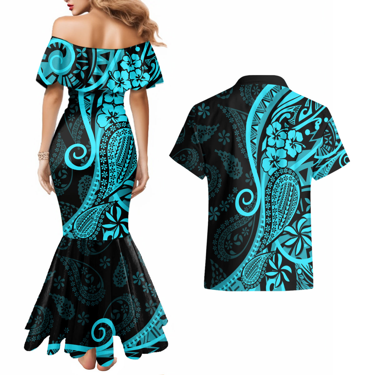 Polynesia Paisley Couples Matching Mermaid Dress and Hawaiian Shirt Polynesian With Tropical Flowers - Turquoise LT14 - Polynesian Pride