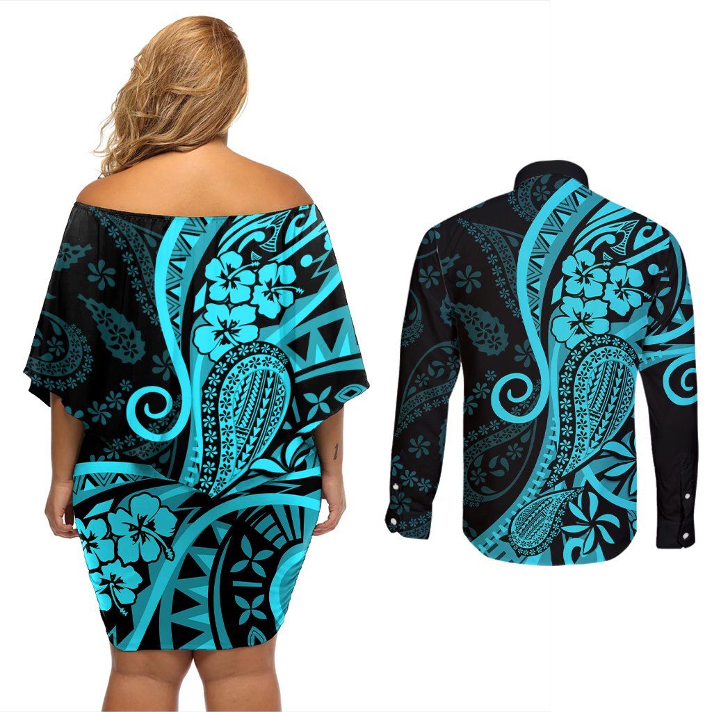 Polynesia Paisley Couples Matching Off Shoulder Short Dress and Long Sleeve Button Shirt Polynesian With Tropical Flowers - Turquoise LT14 - Polynesian Pride