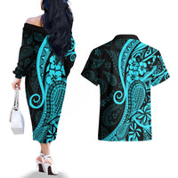 Polynesia Paisley Couples Matching Off The Shoulder Long Sleeve Dress and Hawaiian Shirt Polynesian With Tropical Flowers - Turquoise LT14 - Polynesian Pride