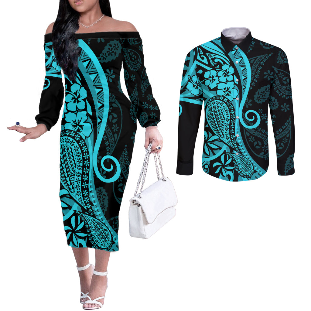 Polynesia Paisley Couples Matching Off The Shoulder Long Sleeve Dress and Long Sleeve Button Shirt Polynesian With Tropical Flowers - Turquoise LT14 Turquoise - Polynesian Pride