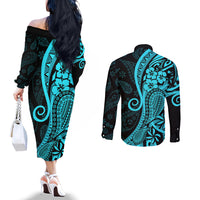 Polynesia Paisley Couples Matching Off The Shoulder Long Sleeve Dress and Long Sleeve Button Shirt Polynesian With Tropical Flowers - Turquoise LT14 - Polynesian Pride