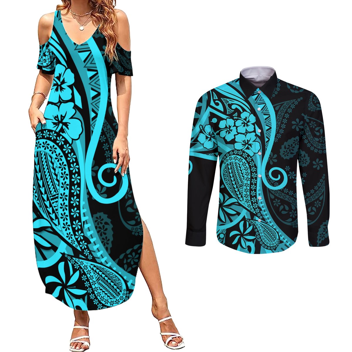 Polynesia Paisley Couples Matching Summer Maxi Dress and Long Sleeve Button Shirt Polynesian With Tropical Flowers - Turquoise LT14 Turquoise - Polynesian Pride