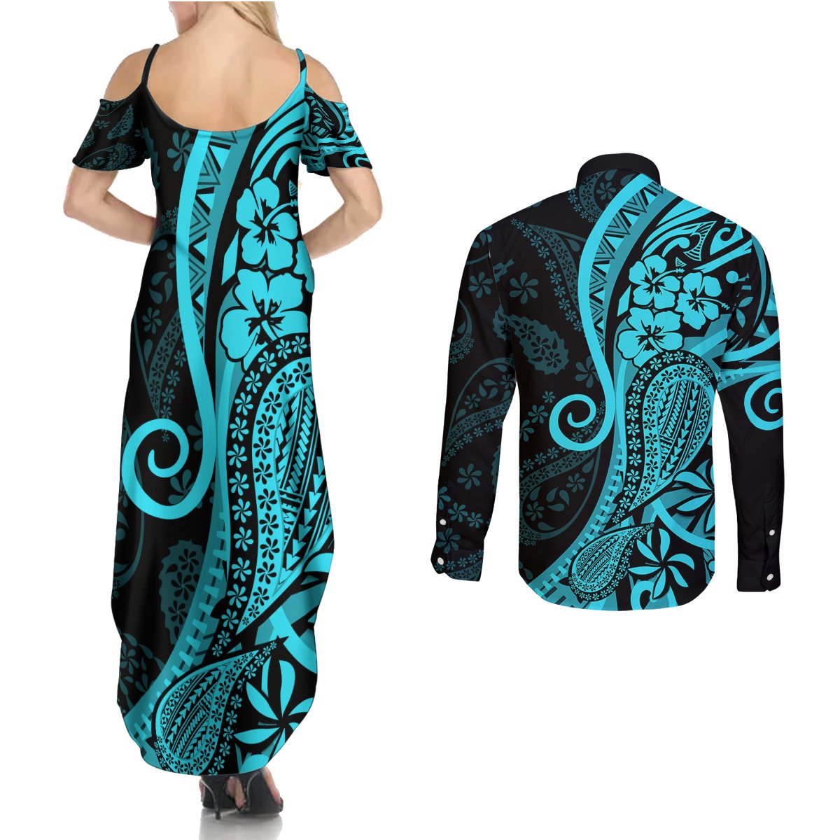 Polynesia Paisley Couples Matching Summer Maxi Dress and Long Sleeve Button Shirt Polynesian With Tropical Flowers - Turquoise LT14 - Polynesian Pride