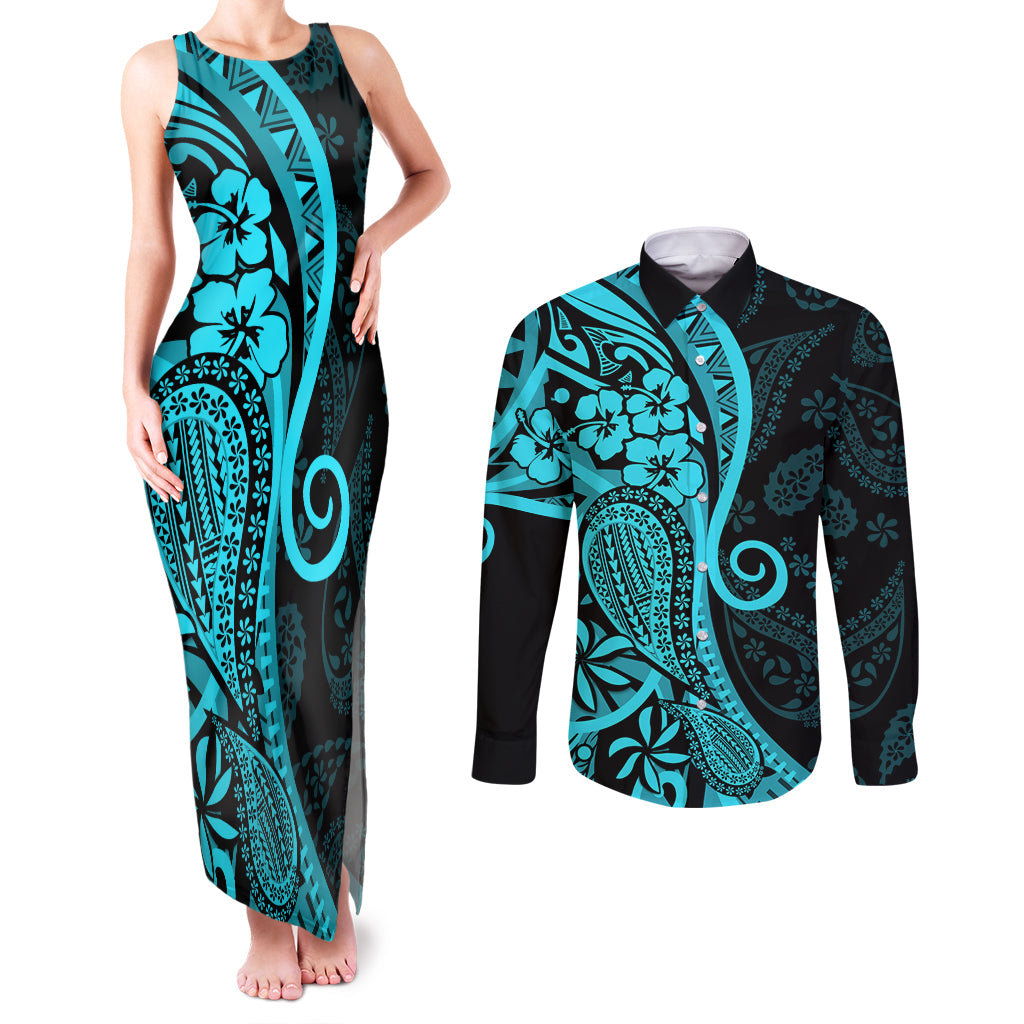 Polynesia Paisley Couples Matching Tank Maxi Dress and Long Sleeve Button Shirt Polynesian With Tropical Flowers - Turquoise LT14 Turquoise - Polynesian Pride