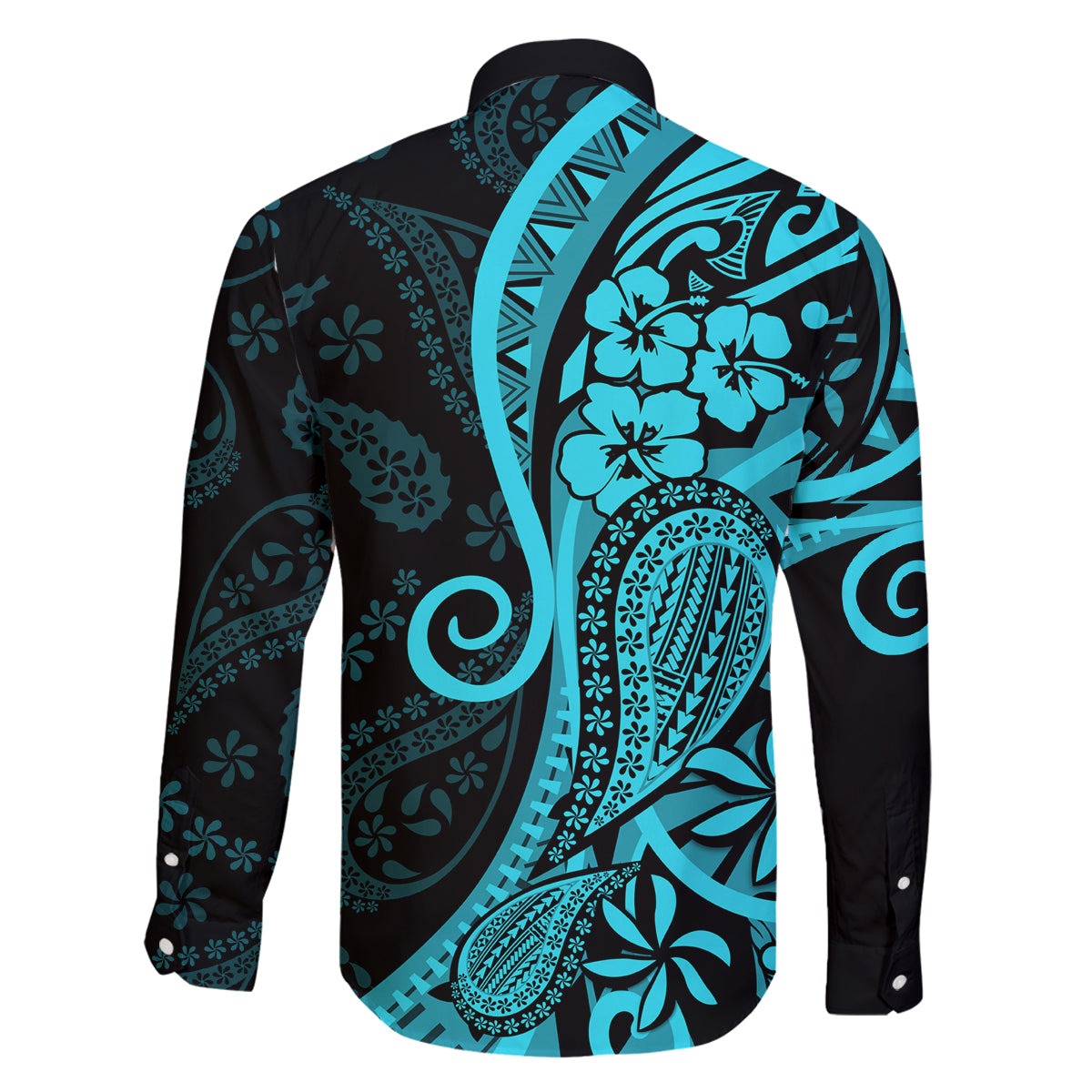 Polynesia Paisley Family Matching Long Sleeve Bodycon Dress and Hawaiian Shirt Polynesian With Tropical Flowers - Turquoise LT14 - Polynesian Pride