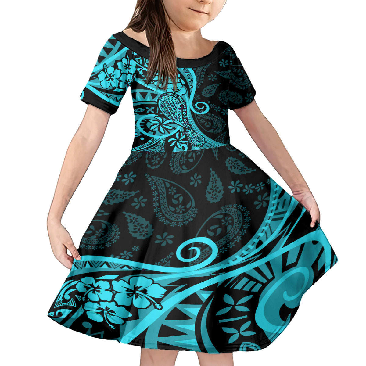 Polynesia Paisley Family Matching Off Shoulder Long Sleeve Dress and Hawaiian Shirt Polynesian With Tropical Flowers - Turquoise LT14 Daughter's Dress Turquoise - Polynesian Pride
