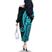 Polynesia Paisley Family Matching Off Shoulder Long Sleeve Dress and Hawaiian Shirt Polynesian With Tropical Flowers - Turquoise LT14 - Polynesian Pride