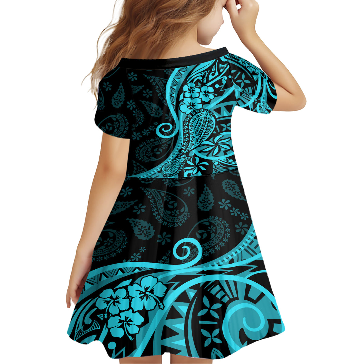 Polynesia Paisley Family Matching Short Sleeve Bodycon Dress and Hawaiian Shirt Polynesian With Tropical Flowers - Turquoise LT14 - Polynesian Pride