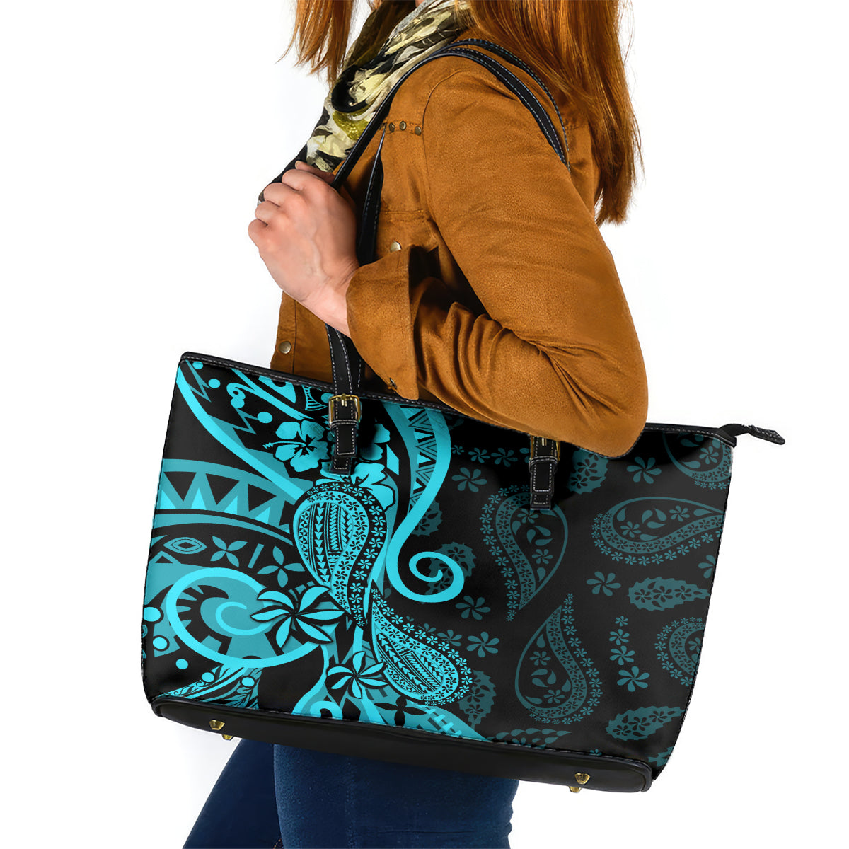 Polynesia Paisley Leather Tote Bag Polynesian With Tropical Flowers - Turquoise LT14 Turquoise - Polynesian Pride