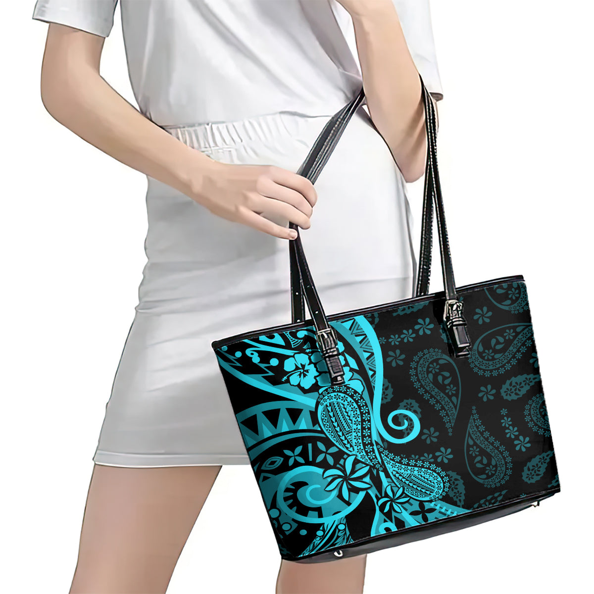 Polynesia Paisley Leather Tote Bag Polynesian With Tropical Flowers - Turquoise LT14 - Polynesian Pride