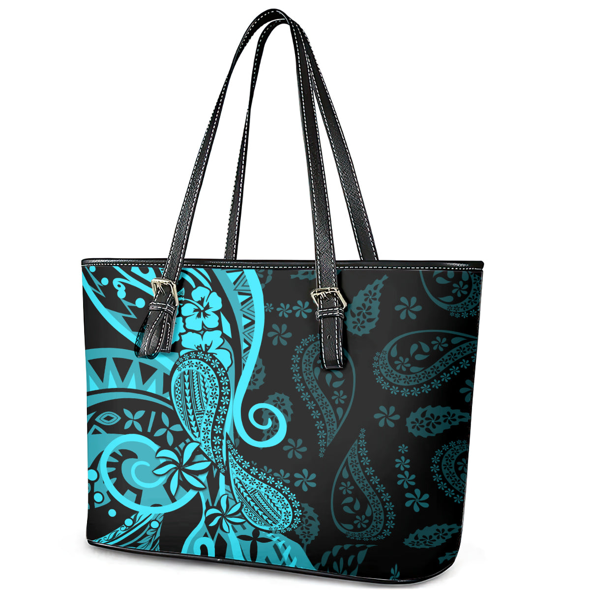 Polynesia Paisley Leather Tote Bag Polynesian With Tropical Flowers - Turquoise LT14 - Polynesian Pride