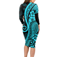 Polynesia Paisley Long Sleeve Bodycon Dress Polynesian With Tropical Flowers - Turquoise LT14 - Polynesian Pride