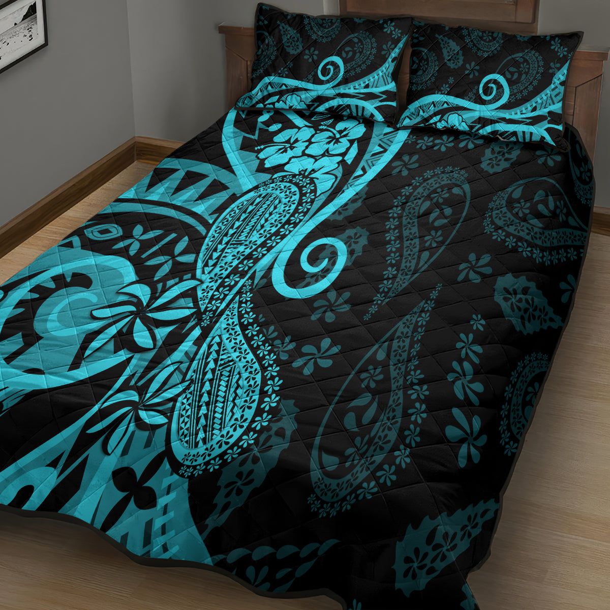 Polynesia Paisley Quilt Bed Set Polynesian With Tropical Flowers - Turquoise LT14 - Polynesian Pride