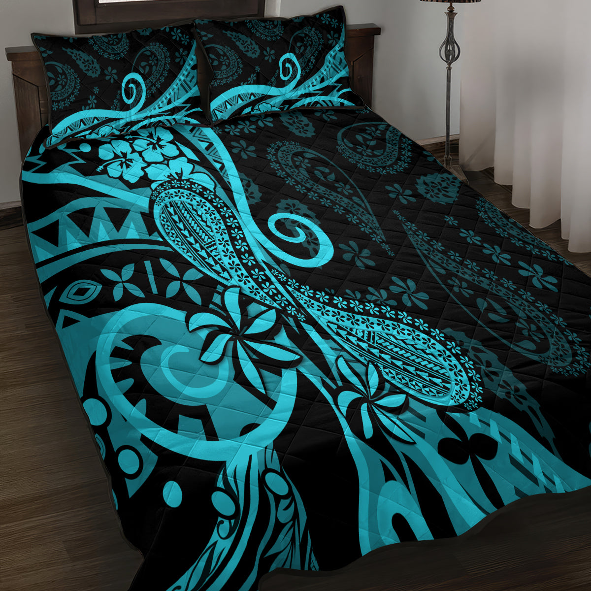 Polynesia Paisley Quilt Bed Set Polynesian With Tropical Flowers - Turquoise LT14 - Polynesian Pride