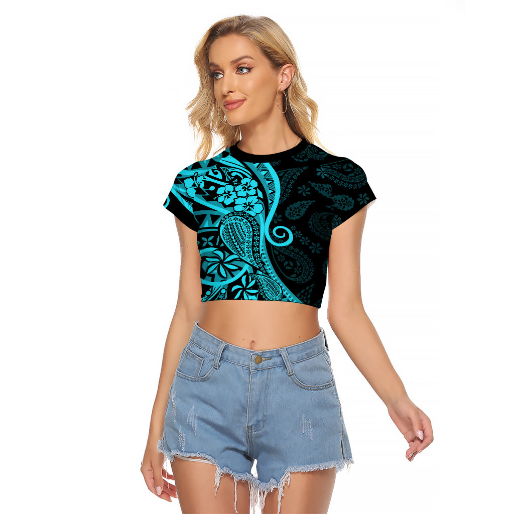 Polynesia Paisley Raglan Cropped T Shirt Polynesian With Tropical Flowers - Turquoise LT14 Female Turquoise - Polynesian Pride