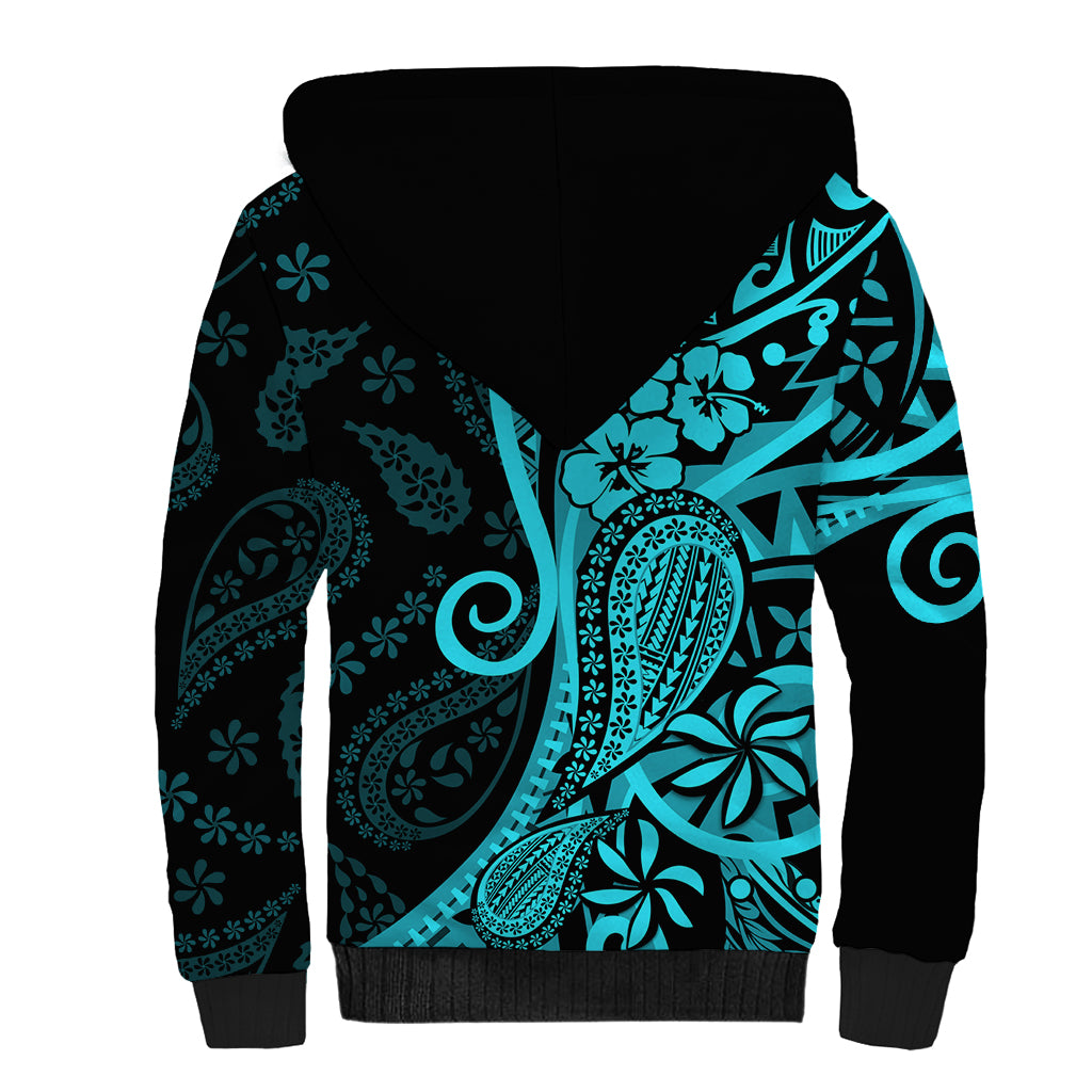 Polynesia Paisley Sherpa Hoodie Polynesian With Tropical Flowers - Turquoise LT14 - Polynesian Pride