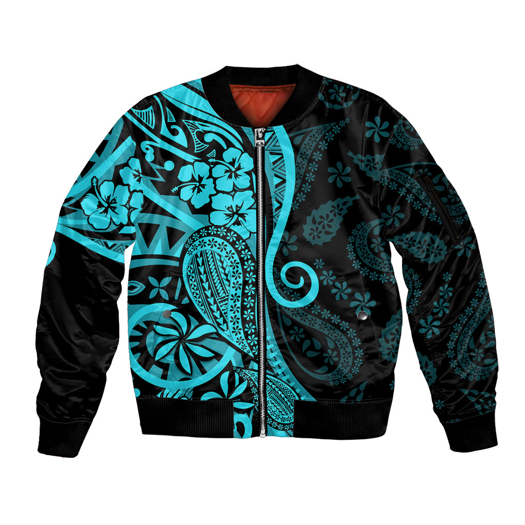 Polynesia Paisley Sleeve Zip Bomber Jacket Polynesian With Tropical Flowers - Turquoise LT14 Unisex Turquoise - Polynesian Pride