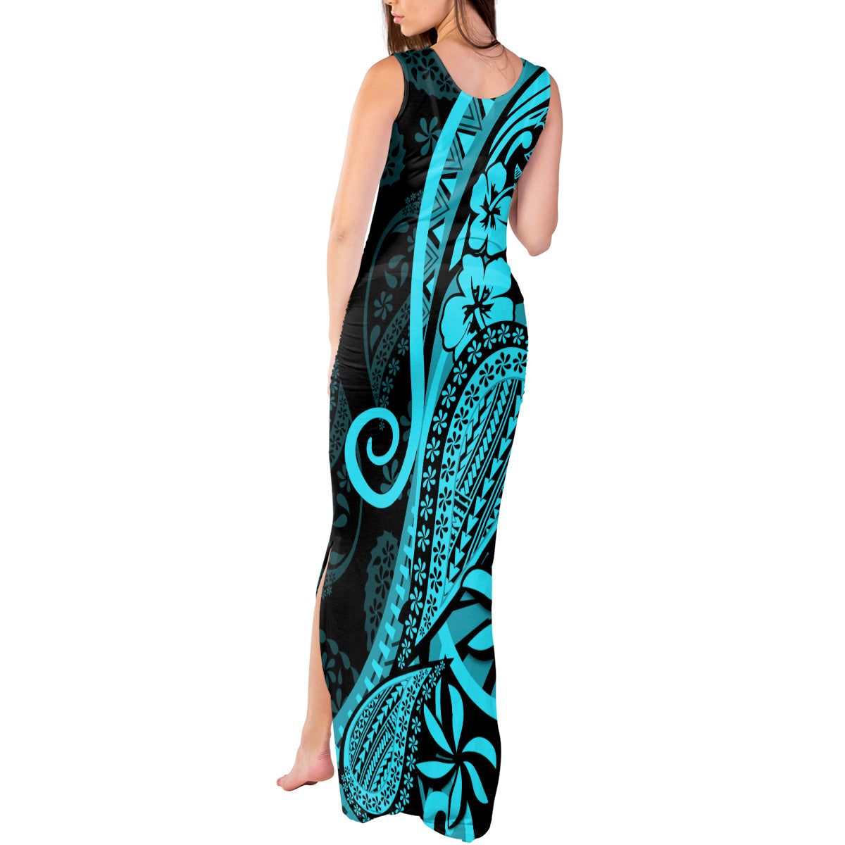 Polynesia Paisley Tank Maxi Dress Polynesian With Tropical Flowers - Turquoise LT14 - Polynesian Pride