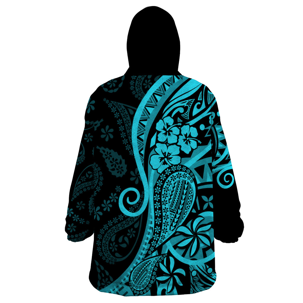 Polynesia Paisley Wearable Blanket Hoodie Polynesian With Tropical Flowers - Turquoise LT14 - Polynesian Pride