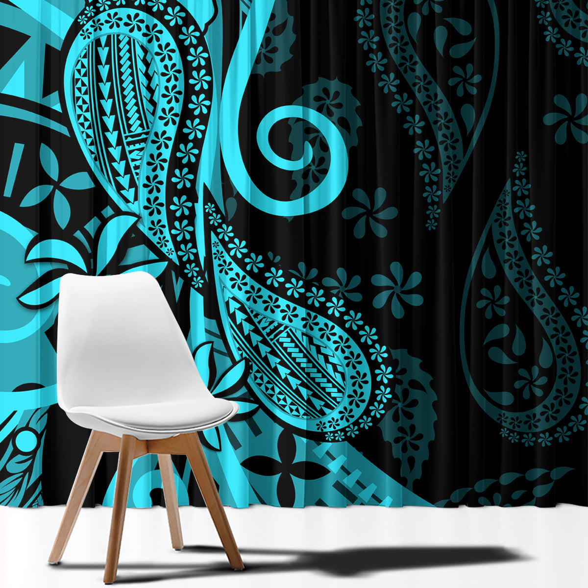 Polynesia Paisley Window Curtain Polynesian With Tropical Flowers - Turquoise LT14 - Polynesian Pride