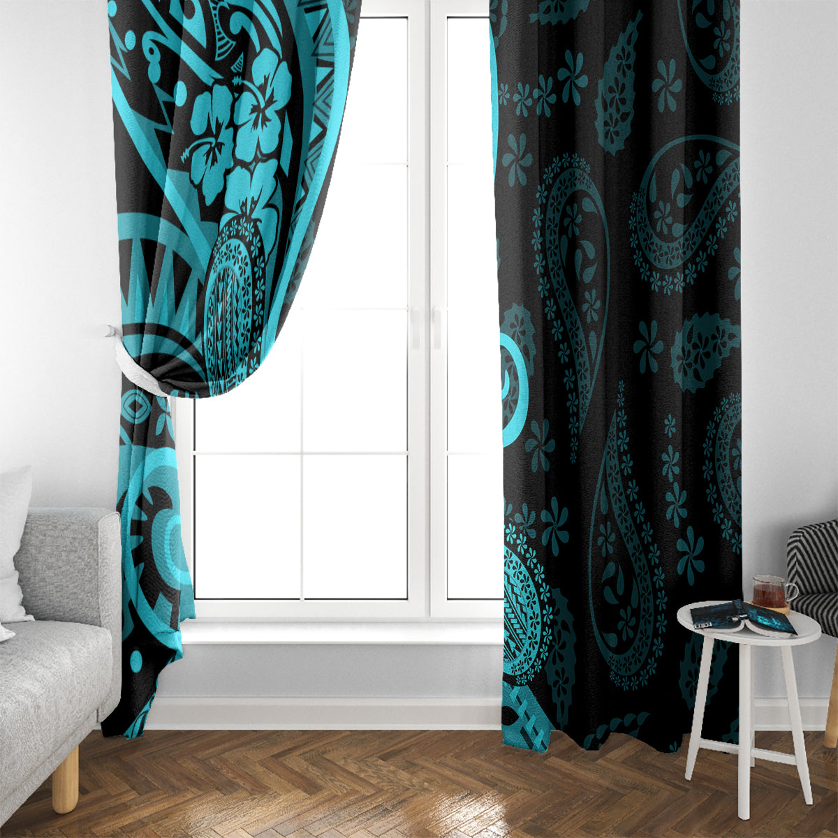 Polynesia Paisley Window Curtain Polynesian With Tropical Flowers - Turquoise LT14 - Polynesian Pride