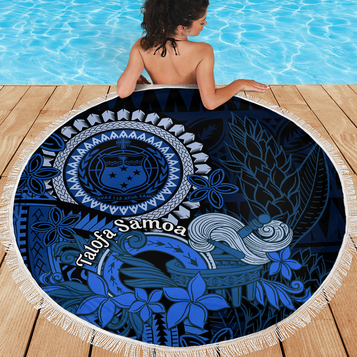 Talofa Samoa Beach Blanket Samoan Kava Bowl Siapo Pattern - Blue LT14 - Polynesian Pride