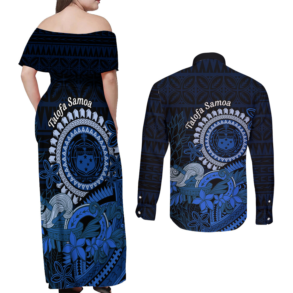 Talofa Samoa Couples Matching Off Shoulder Maxi Dress and Long Sleeve Button Shirt Samoan Kava Bowl Siapo Pattern - Blue LT14 - Polynesian Pride
