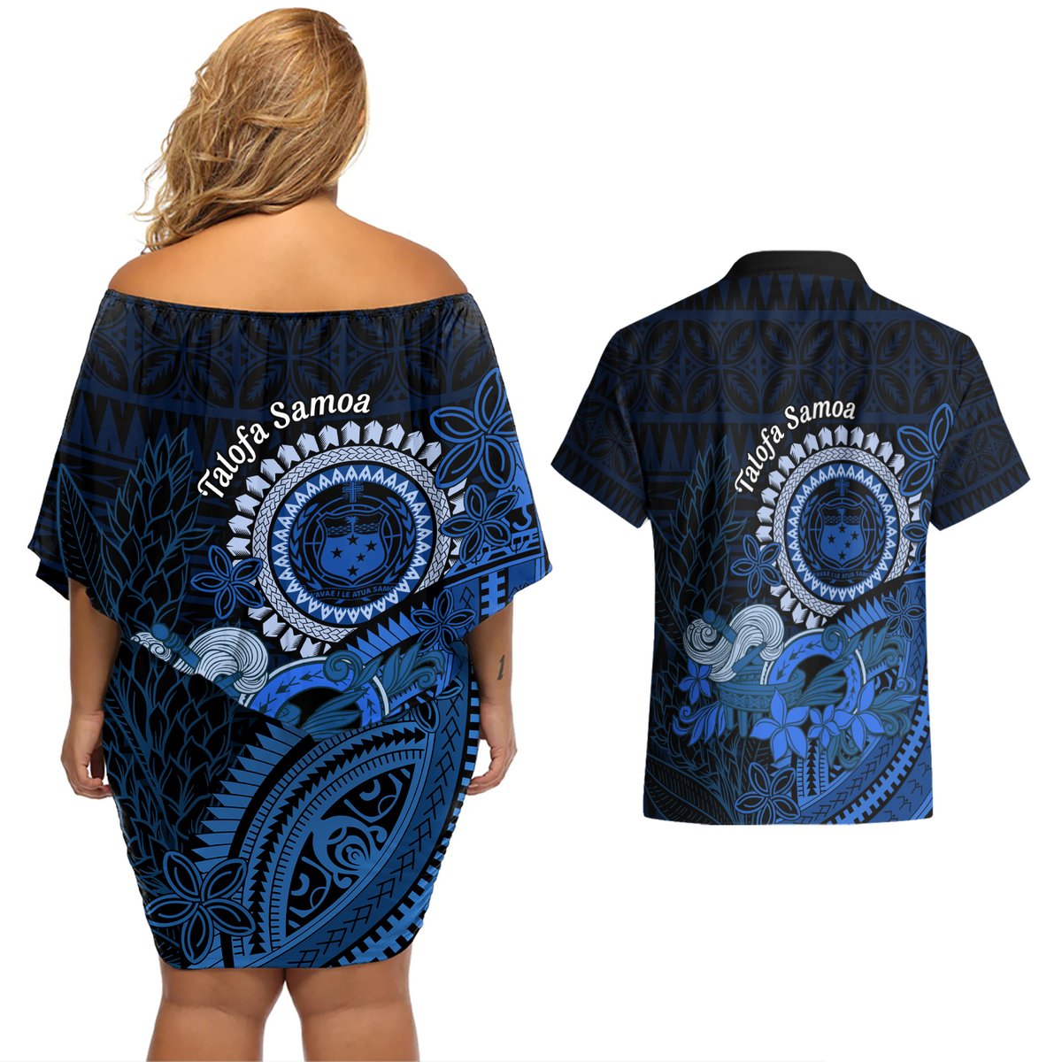 Talofa Samoa Couples Matching Off Shoulder Short Dress and Hawaiian Shirt Samoan Kava Bowl Siapo Pattern - Blue LT14 - Polynesian Pride