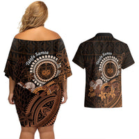 Talofa Samoa Couples Matching Off Shoulder Short Dress and Hawaiian Shirt Samoan Kava Bowl Siapo Pattern - Brown LT14 - Polynesian Pride