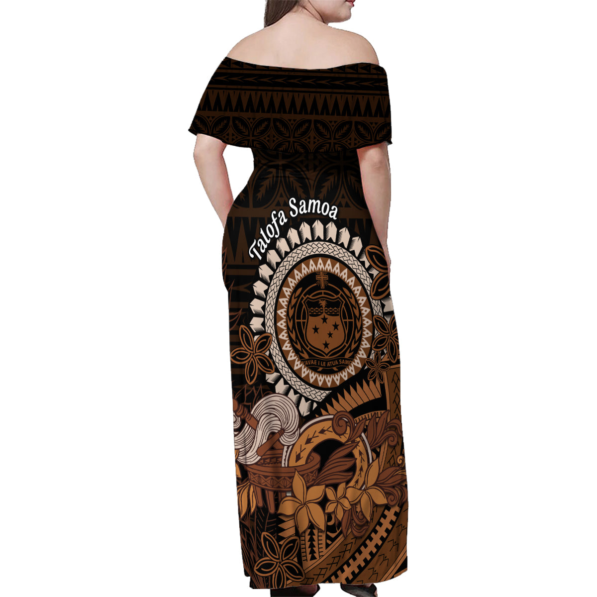 Talofa Samoa Family Matching Off Shoulder Maxi Dress and Hawaiian Shirt Samoan Kava Bowl Siapo Pattern - Brown LT14 - Polynesian Pride