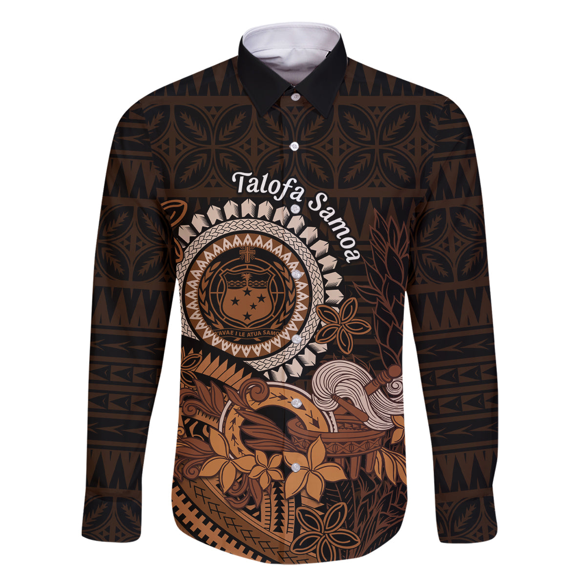 Talofa Samoa Family Matching Off Shoulder Short Dress and Hawaiian Shirt Samoan Kava Bowl Siapo Pattern - Brown LT14 Dad's Shirt - Long Sleeve Brown - Polynesian Pride