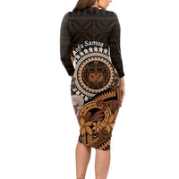 Talofa Samoa Long Sleeve Bodycon Dress Samoan Kava Bowl Siapo Pattern - Brown LT14 - Polynesian Pride