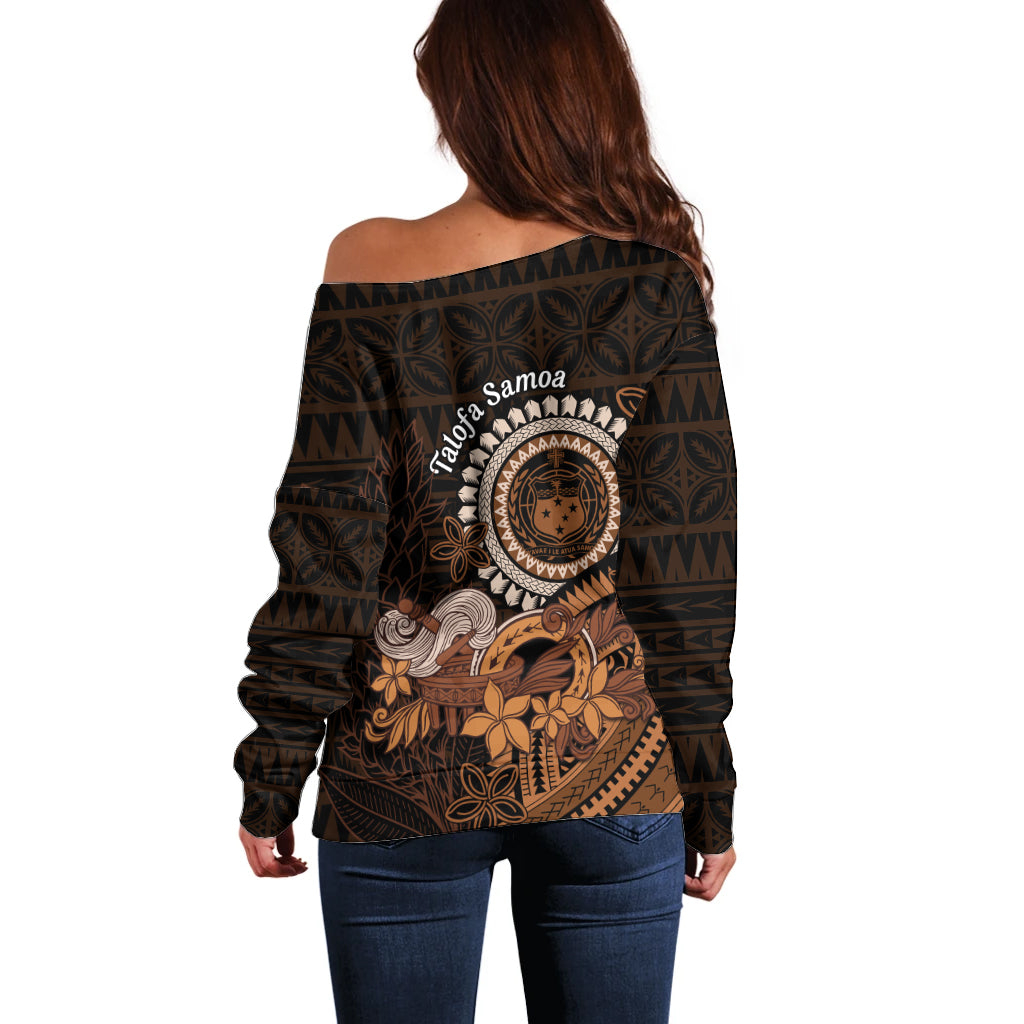 Talofa Samoa Off Shoulder Sweater Samoan Kava Bowl Siapo Pattern - Brown LT14 - Polynesian Pride
