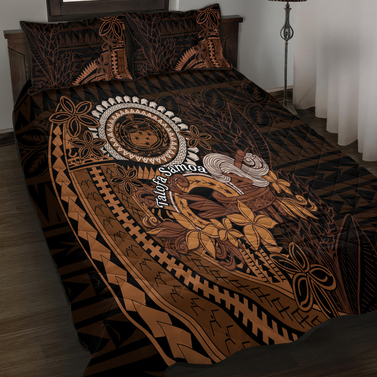 Talofa Samoa Quilt Bed Set Samoan Kava Bowl Siapo Pattern - Brown LT14 - Polynesian Pride