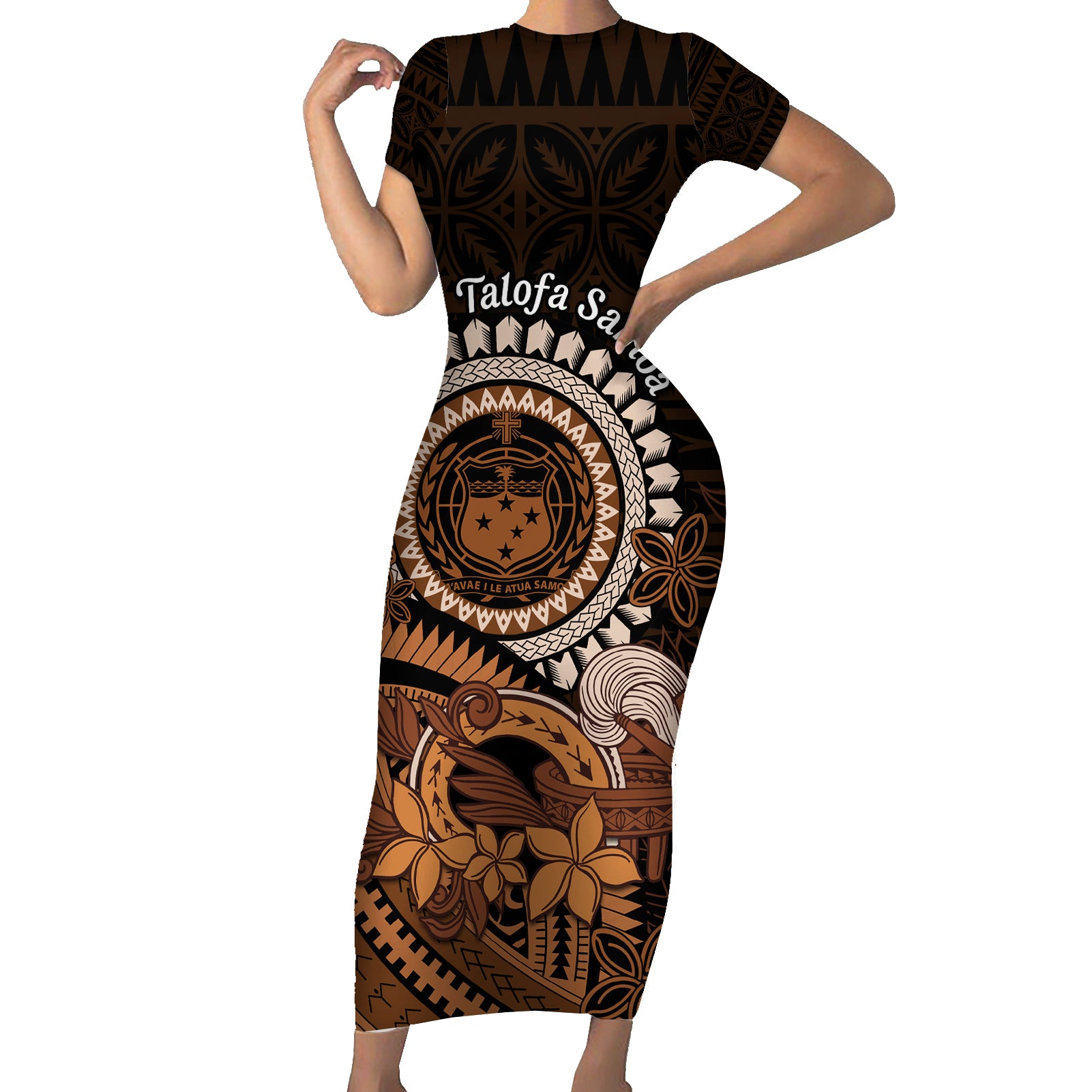 Talofa Samoa Short Sleeve Bodycon Dress Samoan Kava Bowl Siapo Pattern - Brown LT14 Long Dress Brown - Polynesian Pride