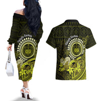 Lime Green Talofa Samoa Couples Matching Off The Shoulder Long Sleeve Dress and Hawaiian Shirt Samoan Kava Bowl Siapo Pattern LT14 - Polynesian Pride