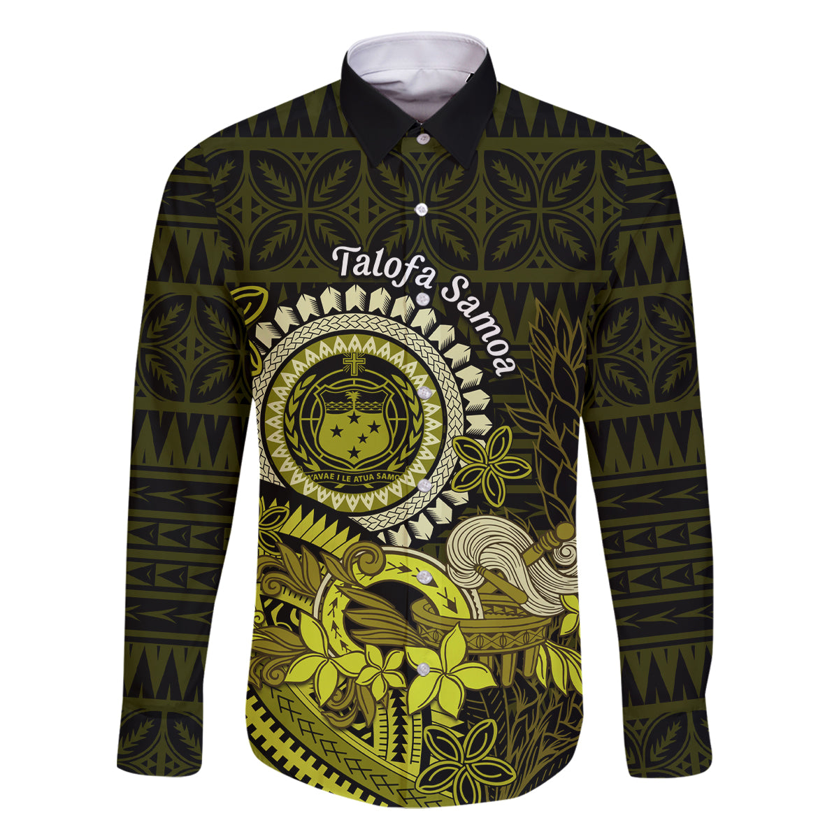 Lime Green Talofa Samoa Family Matching Mermaid Dress and Hawaiian Shirt Samoan Kava Bowl Siapo Pattern LT14 Dad's Shirt - Long Sleeve Lime Green - Polynesian Pride