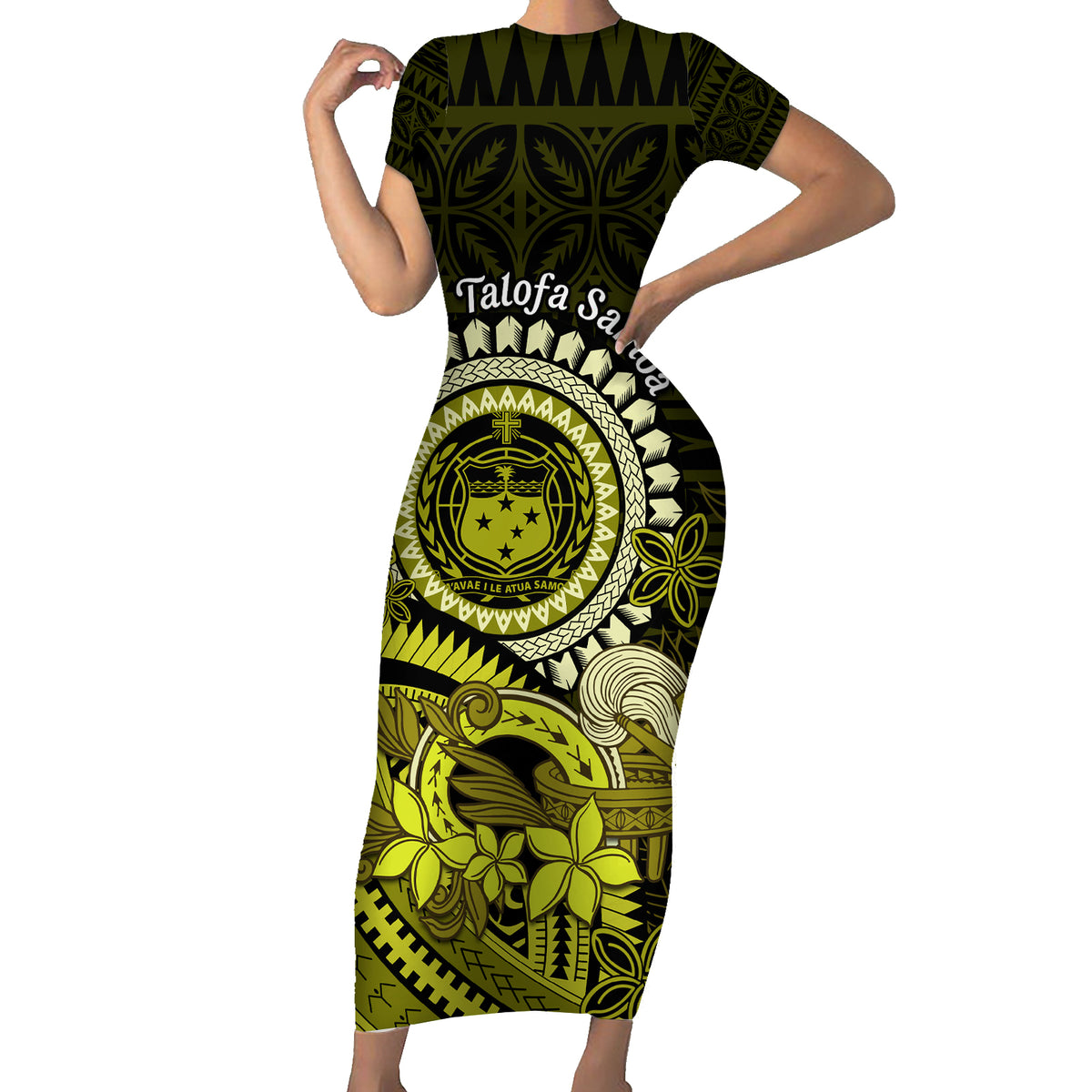 Lime Green Talofa Samoa Family Matching Short Sleeve Bodycon Dress and Hawaiian Shirt Samoan Kava Bowl Siapo Pattern LT14 Mom's Dress Lime Green - Polynesian Pride