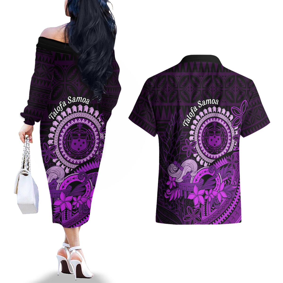 Purple Talofa Samoa Couples Matching Off The Shoulder Long Sleeve Dress and Hawaiian Shirt Samoan Kava Bowl Siapo Pattern LT14 - Polynesian Pride