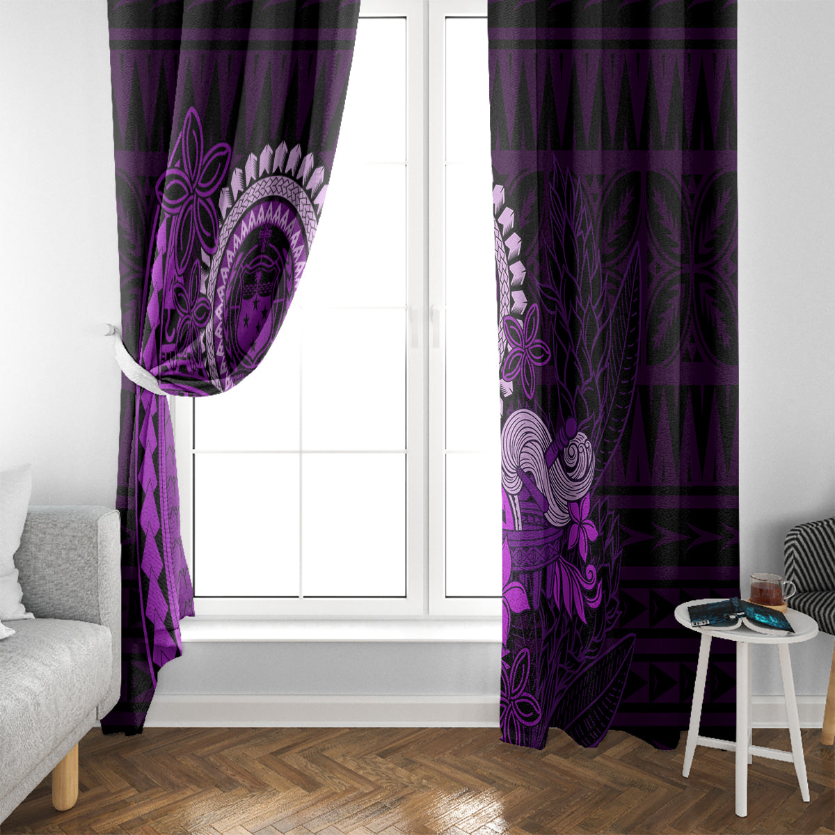 Purple Talofa Samoa Window Curtain Samoan Kava Bowl Siapo Pattern LT14 - Polynesian Pride
