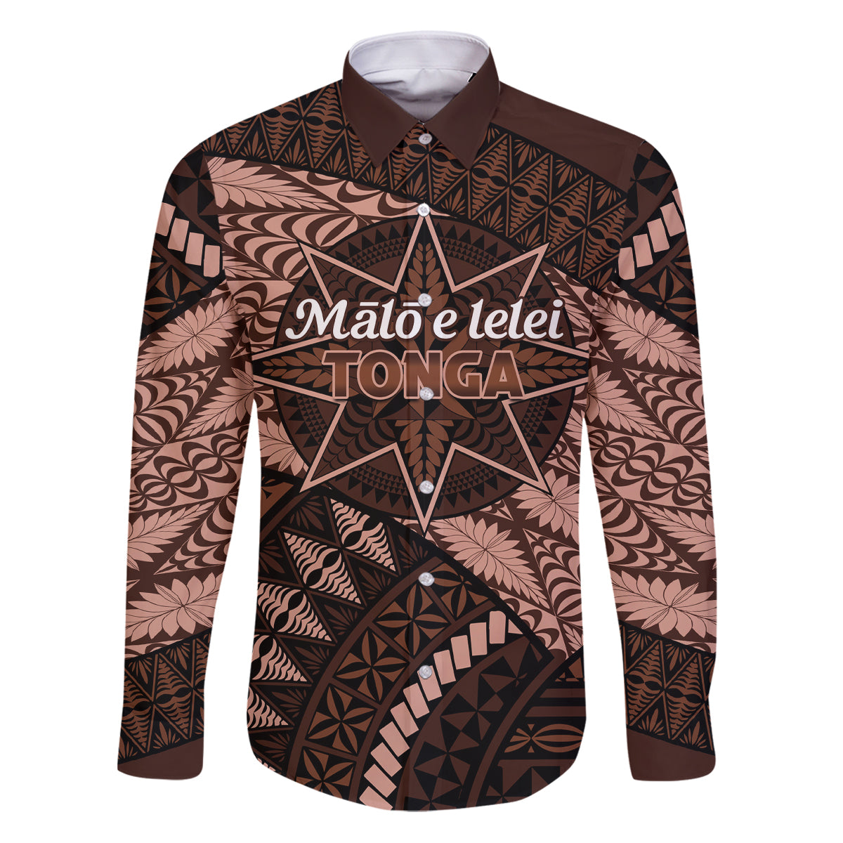 Malo e lelei Tonga Family Matching Puletasi Dress and Hawaiian Shirt Tongan Ngatu Pattern Vintage Vibes LT14 Dad's Shirt - Long Sleeve Brown - Polynesian Pride